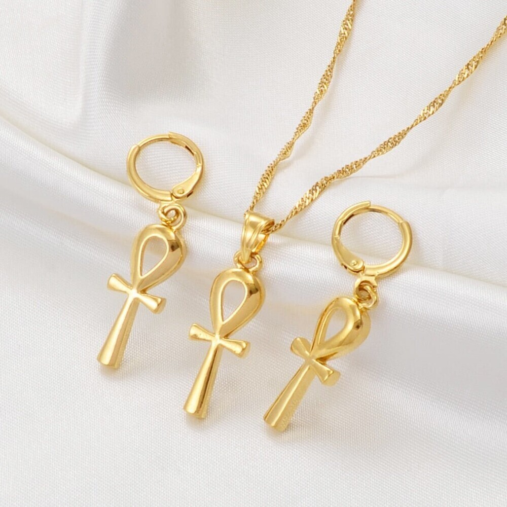 Ankh Pendant Necklaces Earrings Gold